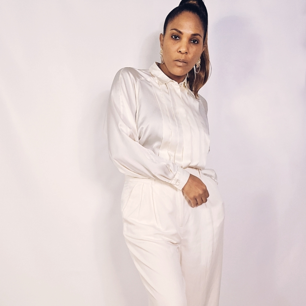 Vintage Ivory Pleated Blouse